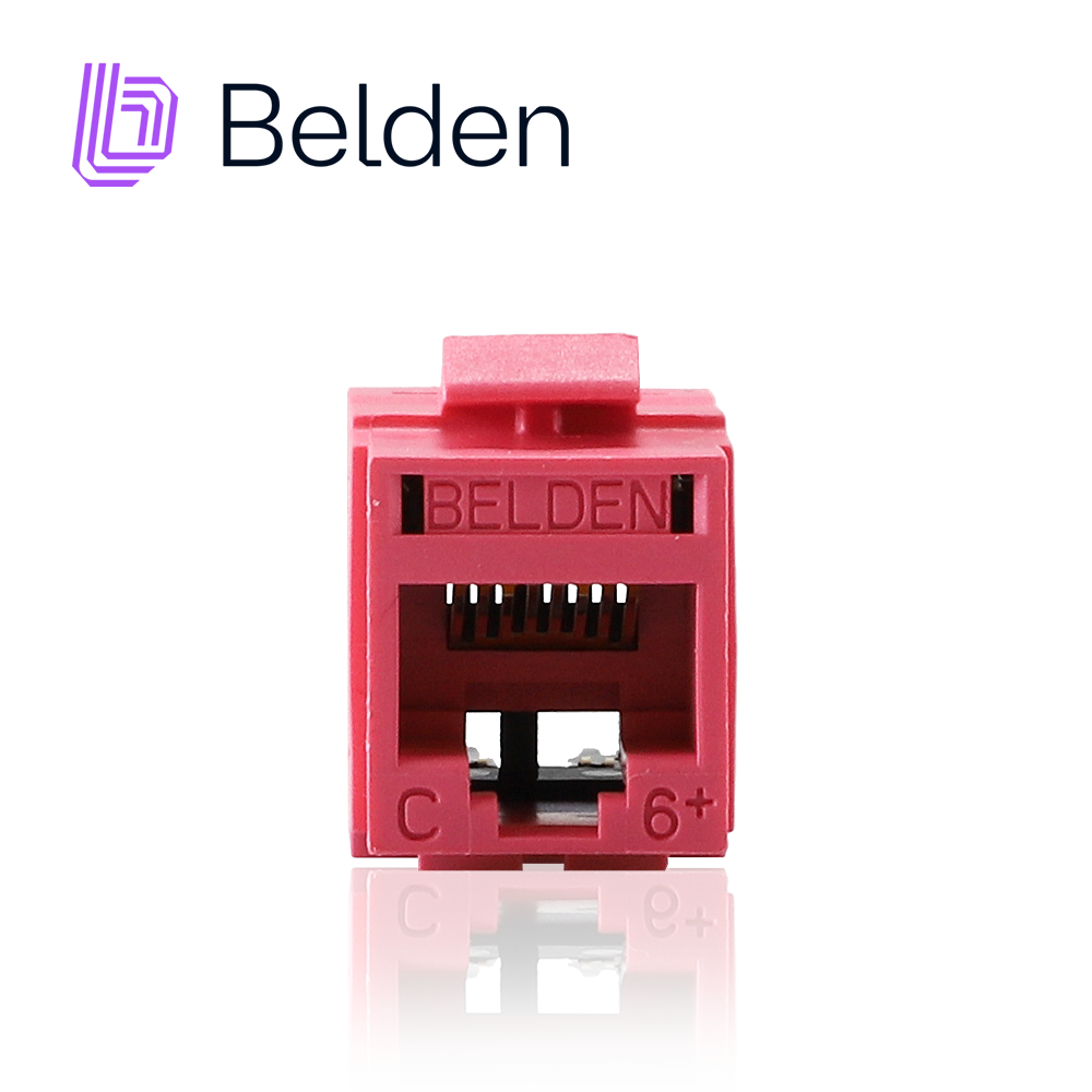 CONECTOR MODULAR JACK RJ45 CAT6 REVCONNECT BELDEN RV6MJKUTR-S1 ESTILO KEYCONNECT ROJO CLARO COMPATIBLE CON FACEPLATE AX102660,AX102655,AX102249 ESQUEMA DE CABLEADO T568A/B HERRAMIENTA COMPATIBLE RVUTT01 USO INTERIOR CALIBRE DEL CONDUCTOR 23-24 AWG