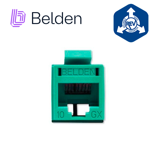 CONECTOR MODULAR JACK RJ45 CAT6A REVCONNECT BELDEN RVAMJKUGN-S1 ESTILO KEYCONNECT VERDE COMPATIBLE CON FACEPLATE AX102660,AX102655,AX102249 ESQUEMA DE CABLEADO T568A/B HERRAMIENTA COMPATIBLE RVUTT01 USO INTERIOR CALIBRE DEL CONDUCTOR 23-24 AWG