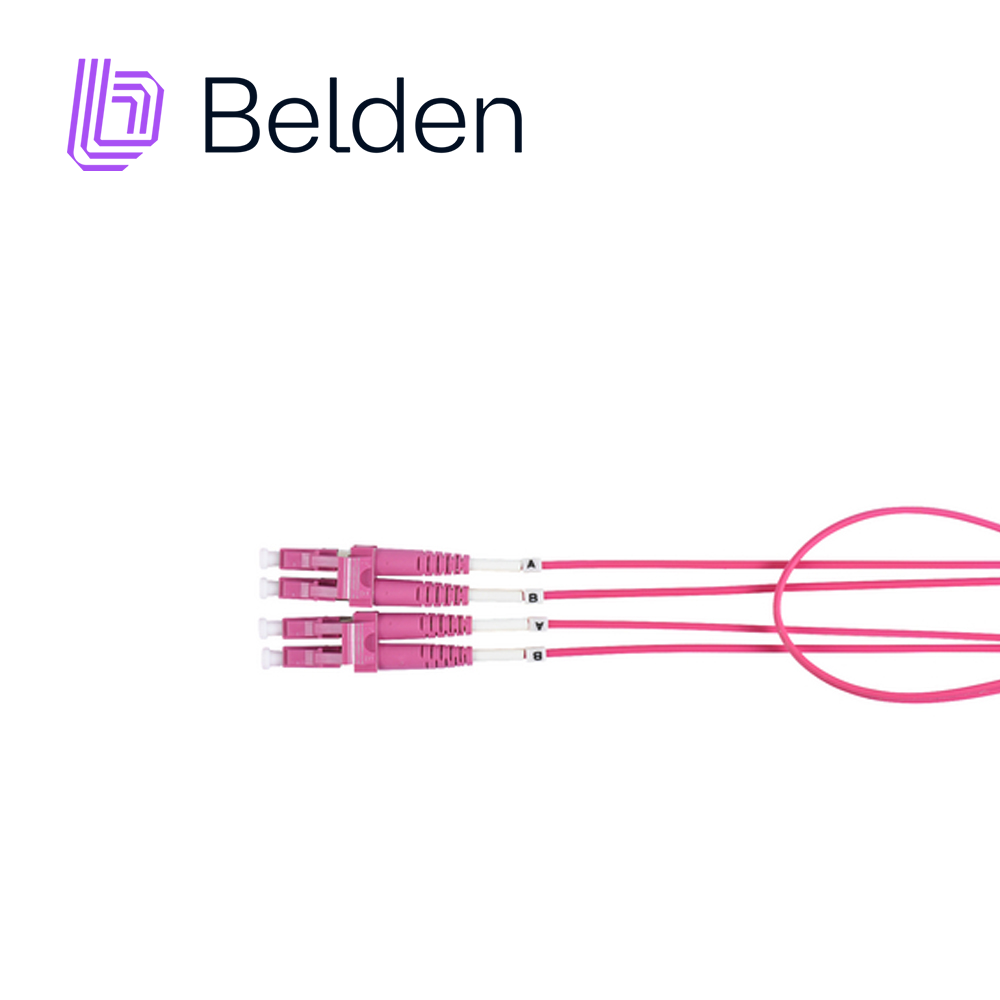JUMPER DE FIBRA OPTICA BELDEN FP4LDLD006M FORRO PVC COLOR VIOLETA FLAMABILIDAD OFNR RISER TIPO DE FIBRA MULTIMODO OM4 50/125 MICRAS CONECTORES LC DUPLEX - LC DUPLEX LONGITUD 6 METROS APLICACIONES ADECUADAS CENTROS DE DATOS SALAS DE EQUIPOS PRINCIPALES SALAS DE TELECOMUNICACIONES Y ÁREAS DE TRABAJO U