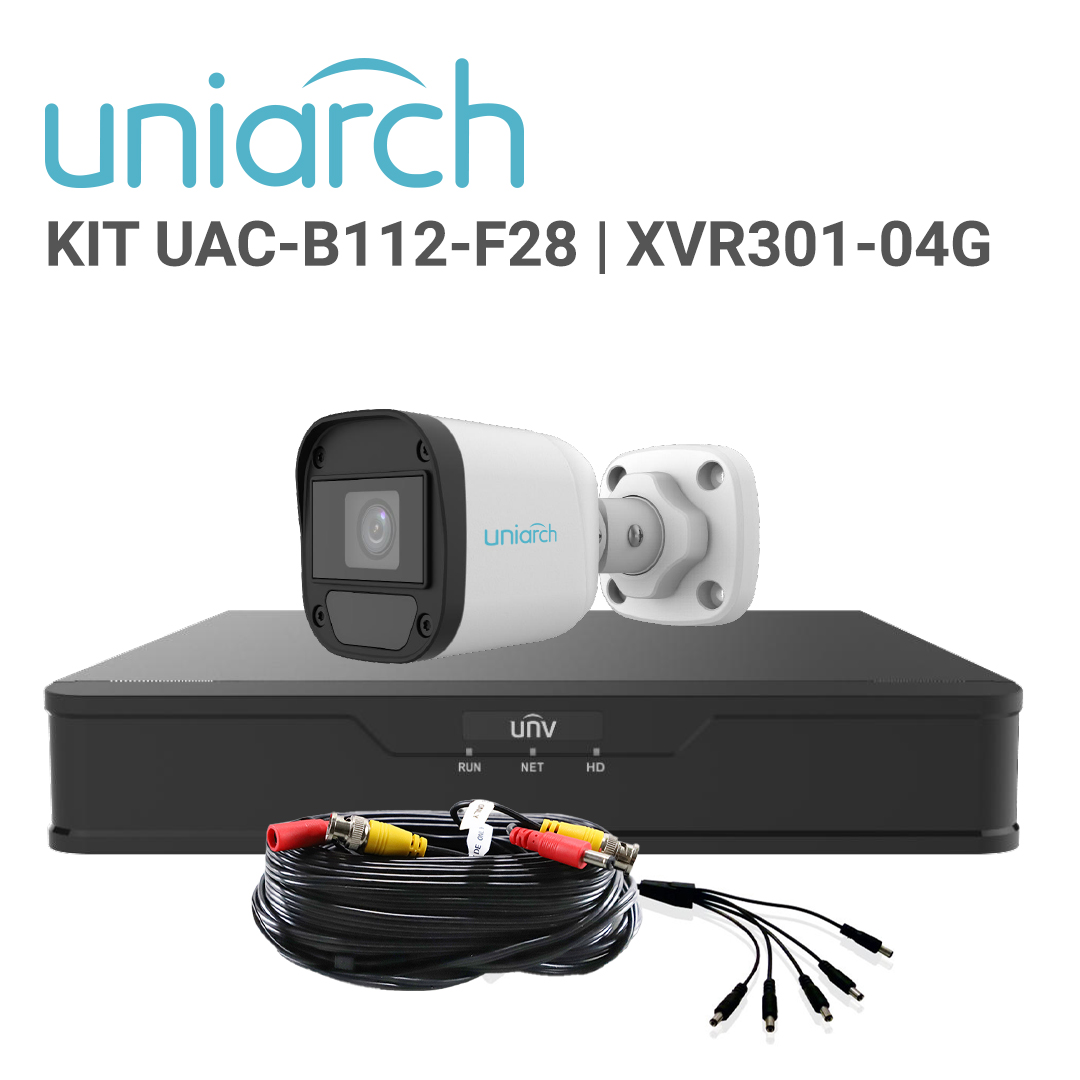 KIT ANALÓGICO UNIARCH / KIT-UAC-B112-F28 / 4 CÁMARAS BULLET ANALÓGICAS UAC-B112-F28 / 2MP / LENTE FIJO 2.8 MM/ IP 67/ IR 20M / INTERIOR / EXTERIOR / 1 DVR PENTAHIBRIDO UNV XVR-104G3 / 4 CABLES DE VIDEO HD Y UN PULPO DE 5 SALIDAS