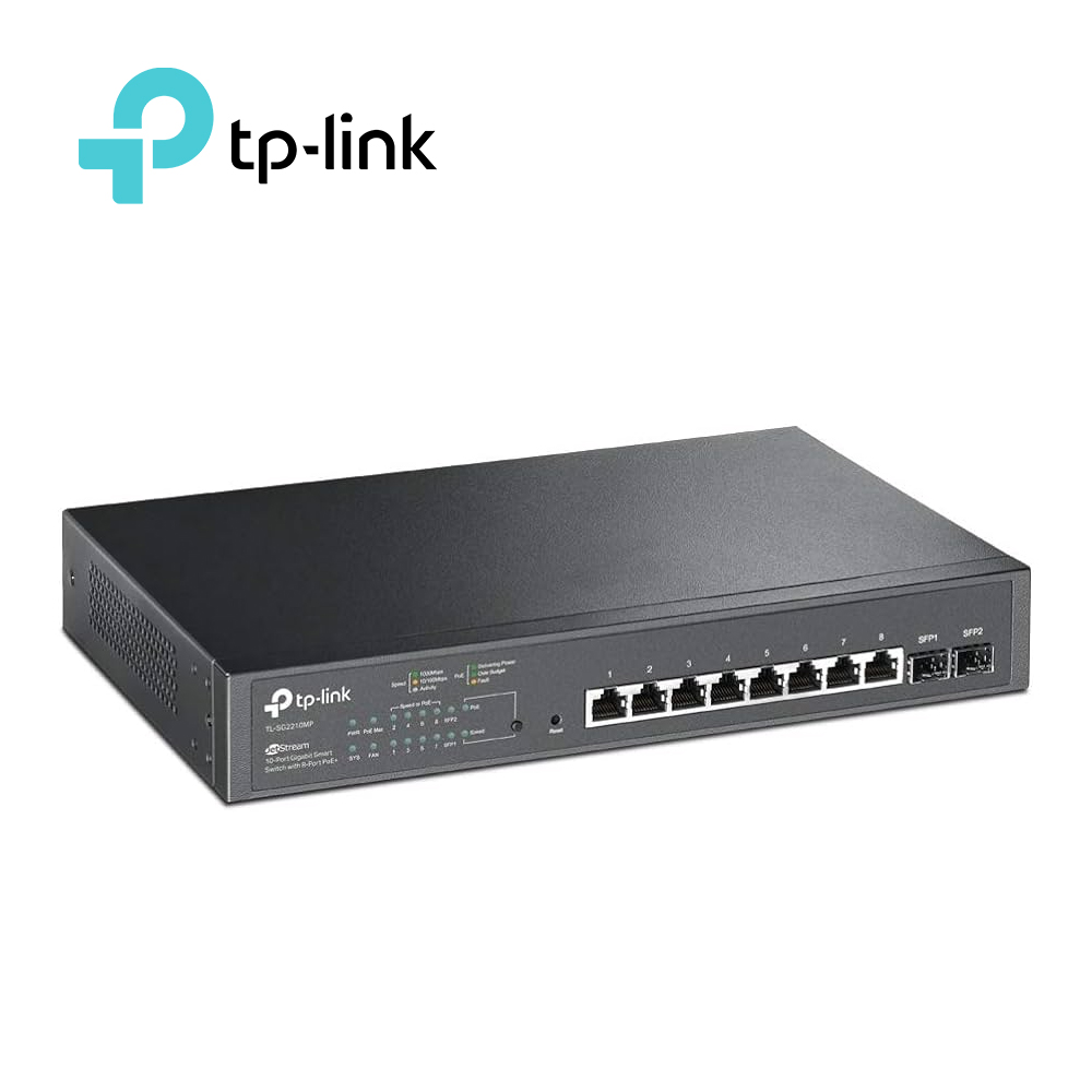Switch POE Jetstream Sdn Administrable Tp-link Sg2210mp / 8 Puertos POE At/af 150W 10/100/1000 Mbps + 2 Puertos Para Fibra Optica / Montaje En Rack / Capacidad De Conmutacion 20 Gbps