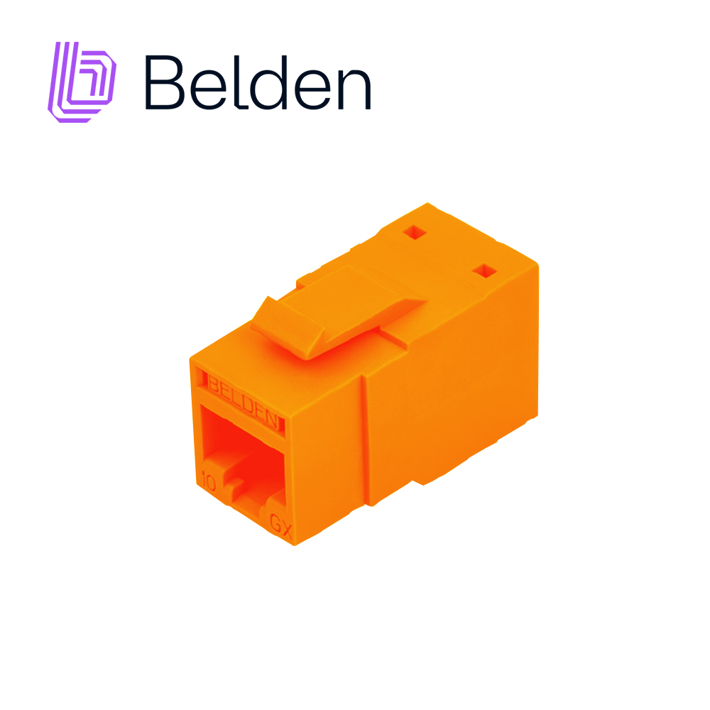 CONECTOR MODULAR JACK RJ45 CAT6A REVCONNECT BELDEN RVAMJKUOR-S1 ESTILO KEYCONNECT NARANJA COMPATIBLE CON FACEPLATE AX102660,AX102655,AX102249 ESQUEMA DE CABLEADO T568A/B HERRAMIENTA COMPATIBLE RVUTT01 USO INTERIOR CALIBRE DEL CONDUCTOR 23-24 AW