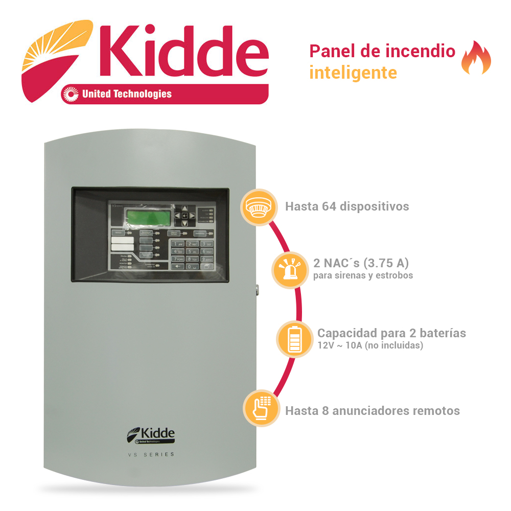 Panel De Incendio Inteligente Kidde Vs1-g-sp / Gris / Version En Español, Con 1 Lazo Direccionable Clase A O B Para Hasta 64 Dispositivos, 2 Nac Clase B, Alimentacion 110/120 Vca, Capacidad Para 2 Baterias De 12V 10AH