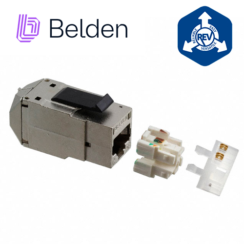 CONECTOR MODULAR JACK RJ45 CAT5E BLINDADO STP REVCONNECT BELDEN RV5MJKSME-S1 ESTILO KEYCONNECT COLOR METAL COMPATIBLE CON FACEPLATE AX102660,AX102655,AX102249 ESQUEMA DE CABLEADO T568A/B HERRAMIENTA COMPATIBLE RVUTT01 USO INTERIOR CALIBRE DEL CONDUCTOR 24 AWG