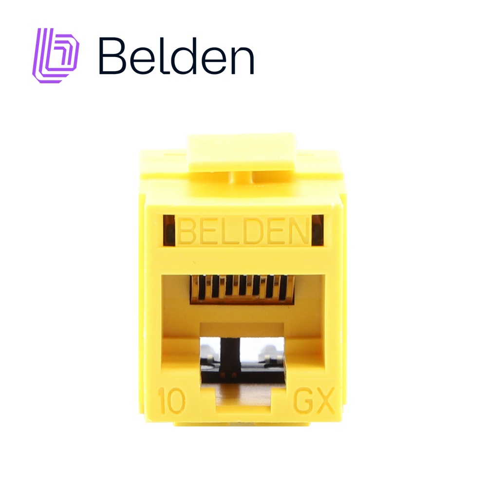 CONECTOR MODULAR JACK RJ45 CAT6A REVCONNECT BELDEN RVAMJKUYL-S1 ESTILO KEYCONNECT AMARILLO COMPATIBLE CON FACEPLATE AX102660,AX102655,AX102249 ESQUEMA DE CABLEADO T568A/B HERRAMIENTA COMPATIBLE RVUTT01 USO INTERIOR CALIBRE DEL CONDUCTOR 23-24 AWG