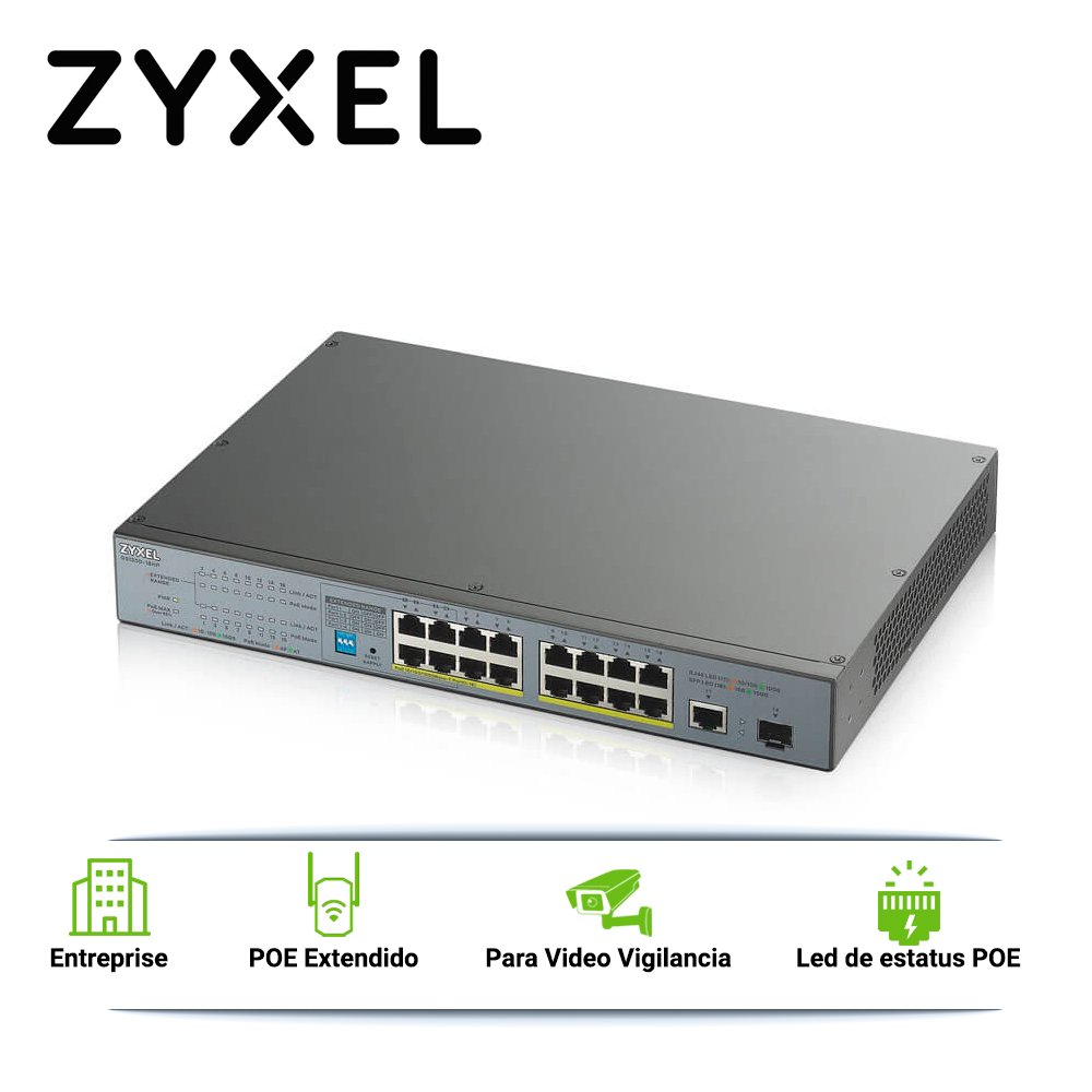 SWITCH GIGABIT POE ZYXEL GS1300-18HP 17 PUERTOS RJ45 100/1000 MBPS POE AF/AT + 1 PUERTO SFP 1000MBPS  NO-ADMINISTRABLE 170W  CON 4 PUERTOS POE EXTENDED