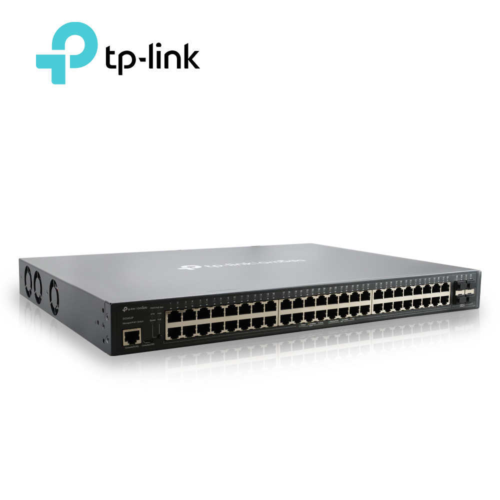 Switch Administrable Tp-link Sg3452p / 48 Puertos RJ45 POE Af/at 10/100/1000 Mbps + 4 Puertos Giga SFP / Potencia POE Total 384 W / Carcasa Metalica Ideal Para Rack / Uso Interior / Administracion Centralizada Omada