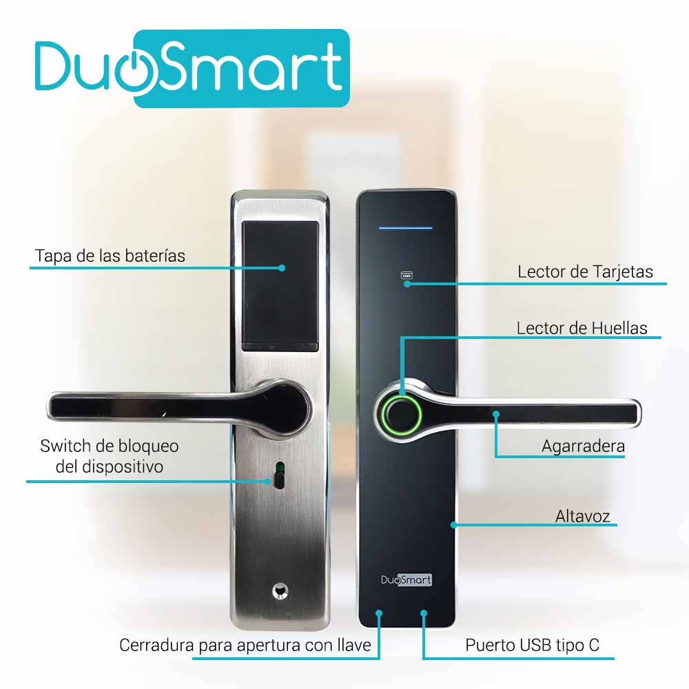 CERRADURA BIOMETRICA WIFI 2.4 GHZ DUOSMART F30 PARA EXTERIORES. ACEPTA TARJETAS MF, HUELLA DIGITAL, CONTRASEÑA Y LLAVE; CON PUERTO DE ALIMENTACION DE EMERGENCIA USB TIPO C; ES COMPATIBLE CON LA APLICACION DUOSMART