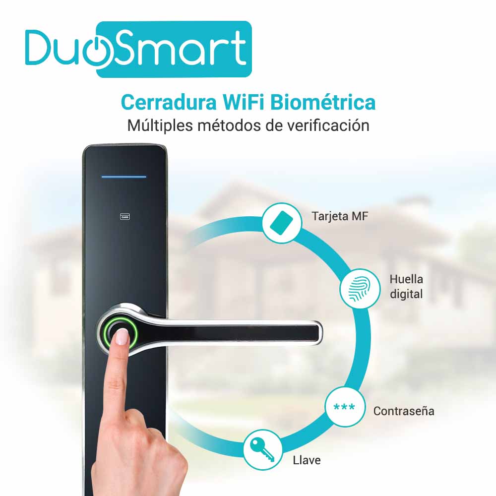 CERRADURA BIOMETRICA WIFI 2.4 GHZ DUOSMART F30 PARA EXTERIORES. ACEPTA TARJETAS MF, HUELLA DIGITAL, CONTRASEÑA Y LLAVE; CON PUERTO DE ALIMENTACION DE EMERGENCIA USB TIPO C; ES COMPATIBLE CON LA APLICACION DUOSMART
