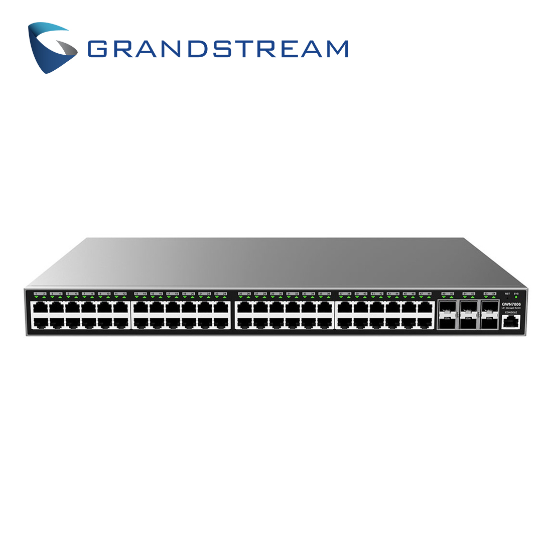 SWITCH ADMINISTRABLE CAPA 2+ GRANDSTREAM GWN7806 / 48 PUERTOS 10/100/1,000MBPS / 6 PUERTOS SFP+ 10GIGABIT / 1 PUERTO DE CONSOLA / QOS / ARP / FILTRADO MAC / VLAN / MODO STACKING HASTA 16 / ADMINISTRACION GWN  CLOUD