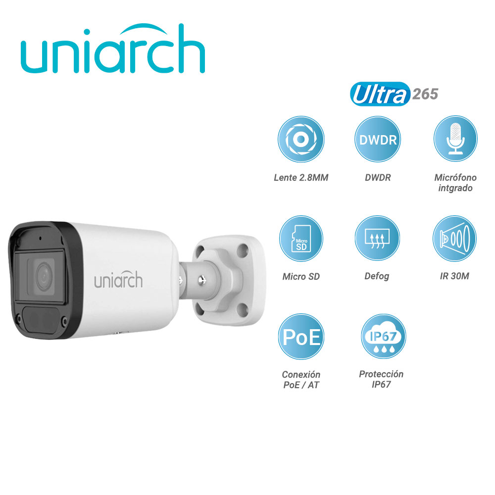 Camara IP Bullet Uniarch Ipc-b122-apf28k / 2MP / Lente-2.8mm / Dwdr / Ir30m / Microsd128gb / Microfono-integrado / Digital-defog / Motion-detection / ONVIF / Ip67 / 3-AXIS / Ultra265 / Poe-af / 12 Vcd