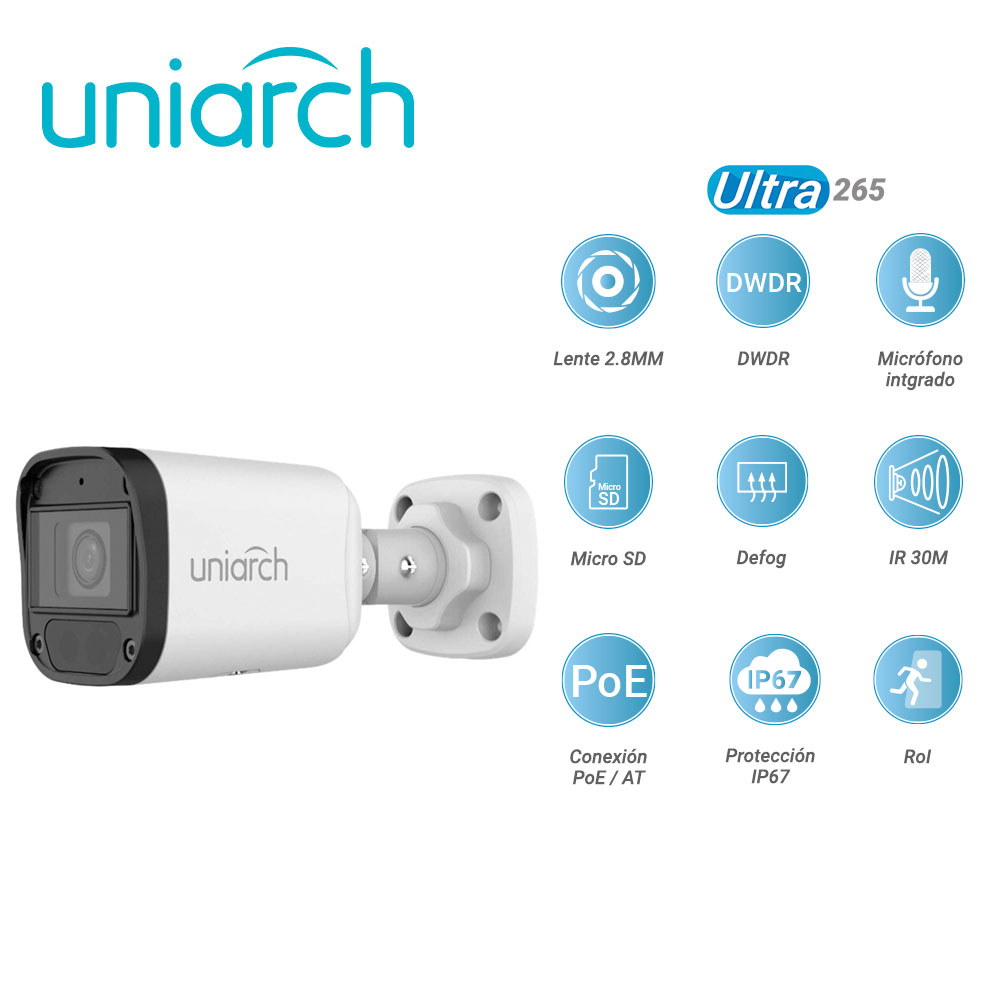 CAMARA IP BULLET IPC-B124-APF28K UNIARCH / 4MP / ULTRA 265 / LENTE 2.8 MM / DWDR / MICROFONO INTEGRADO / RANURA PARA MICROSD HASTA 128GB / DIGITAL DEFOG / IR 30M / POE AF / 12VCD / ROI / 3 AXIS / IP67