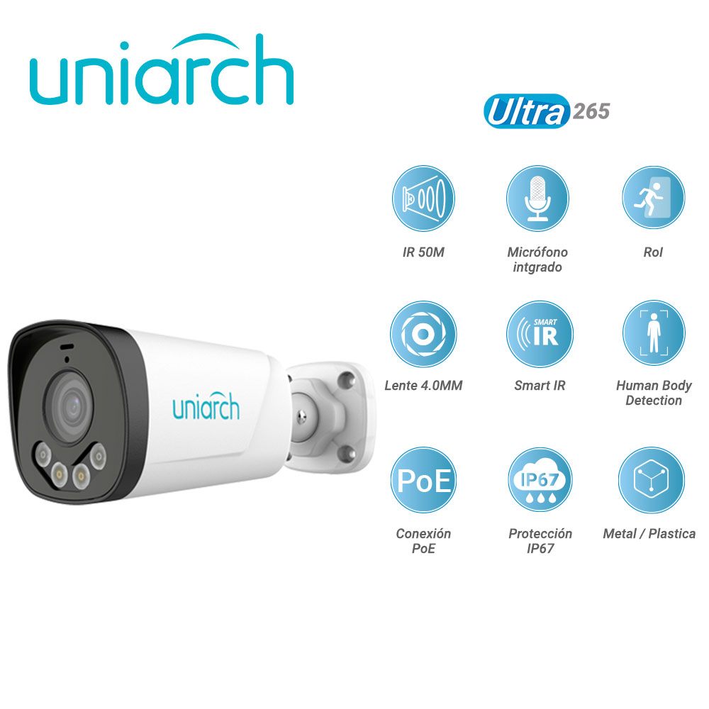 Camara IP Bullet Uniarch Ipc-b233-apf40w / 3MP / Ultra 265 / Microfono-integrado / Roi / Lente4.omm / Smart-dual-light / Intrusion / Cruce-de-linea / Basado-en(human-body-detection) / Ip67 / POE / 12 Vcd / Metal-plastica