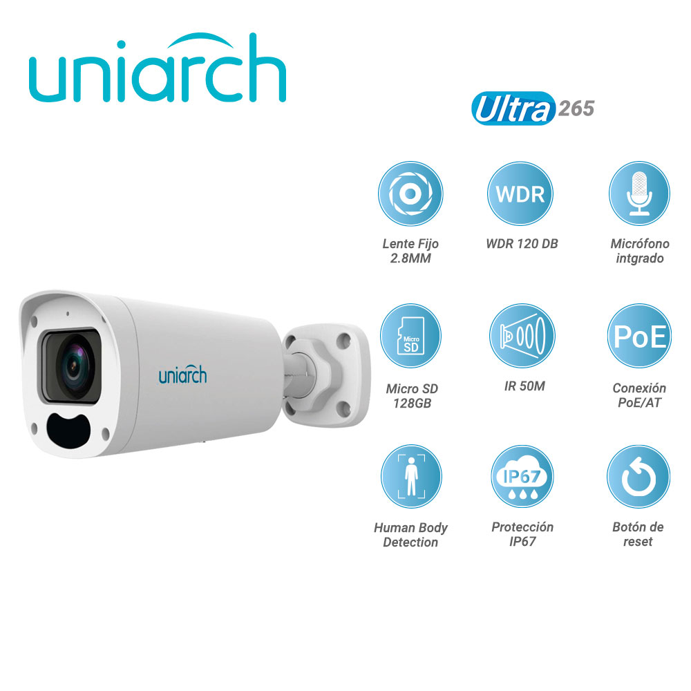 Camara IP Bullet Uniarch Ipc-b312-apkz / 2MP / Ultra265/ Lente Motorizado 2.8 Mm-12 Mm / WDR 120DB / Microfono Embebido / Ranura Para Micro Sd 128 GB / IR 50M / POE At Y 12VCD / Analiticas Human Body Detection / Ip67 / Boton De Reset
