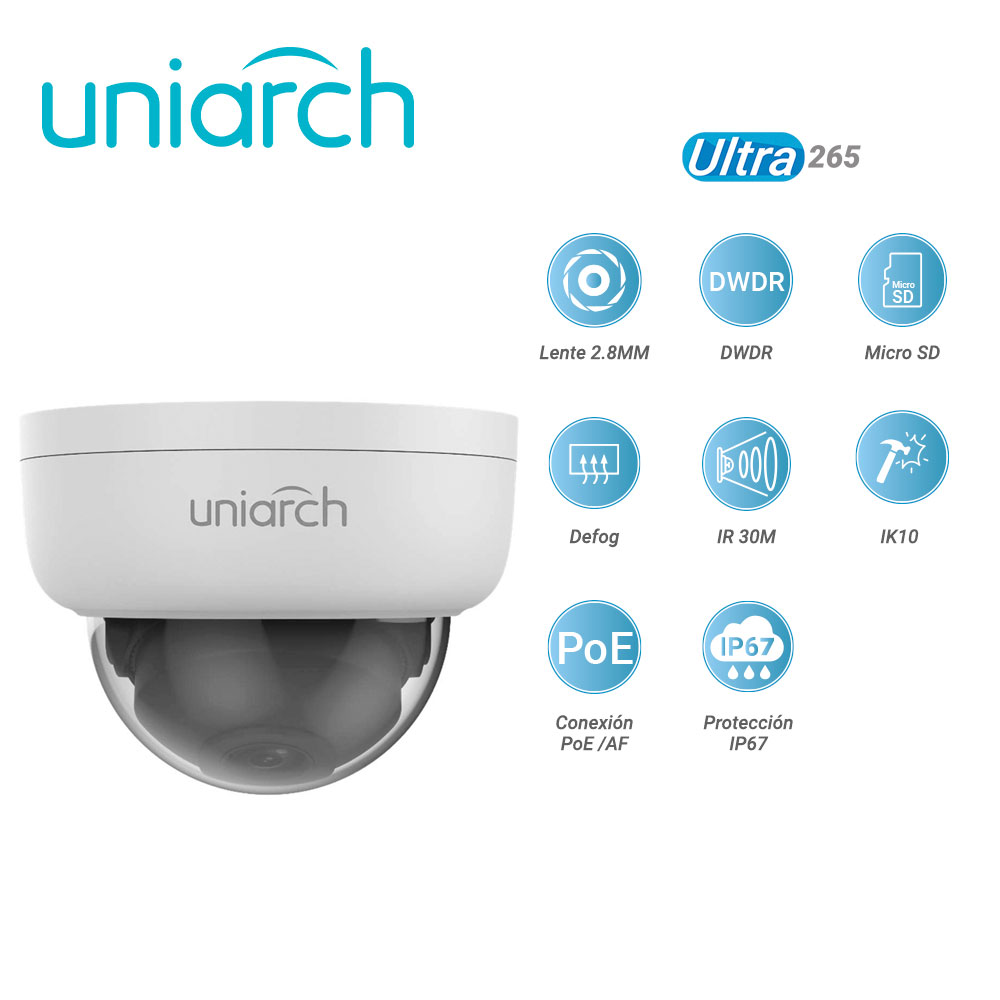 CAMARA IP DOMO UNIARCH IPC-D124-PF28K / 4MP / ULTRA265 / LENTE 2.8 MM /  DWDR / RANURA PARA MEMORIA SD HASTA 128 GB  / DIGITAL DEFOG /  IR 30M / IK10 / POE AF / 12 VCD /  IP67