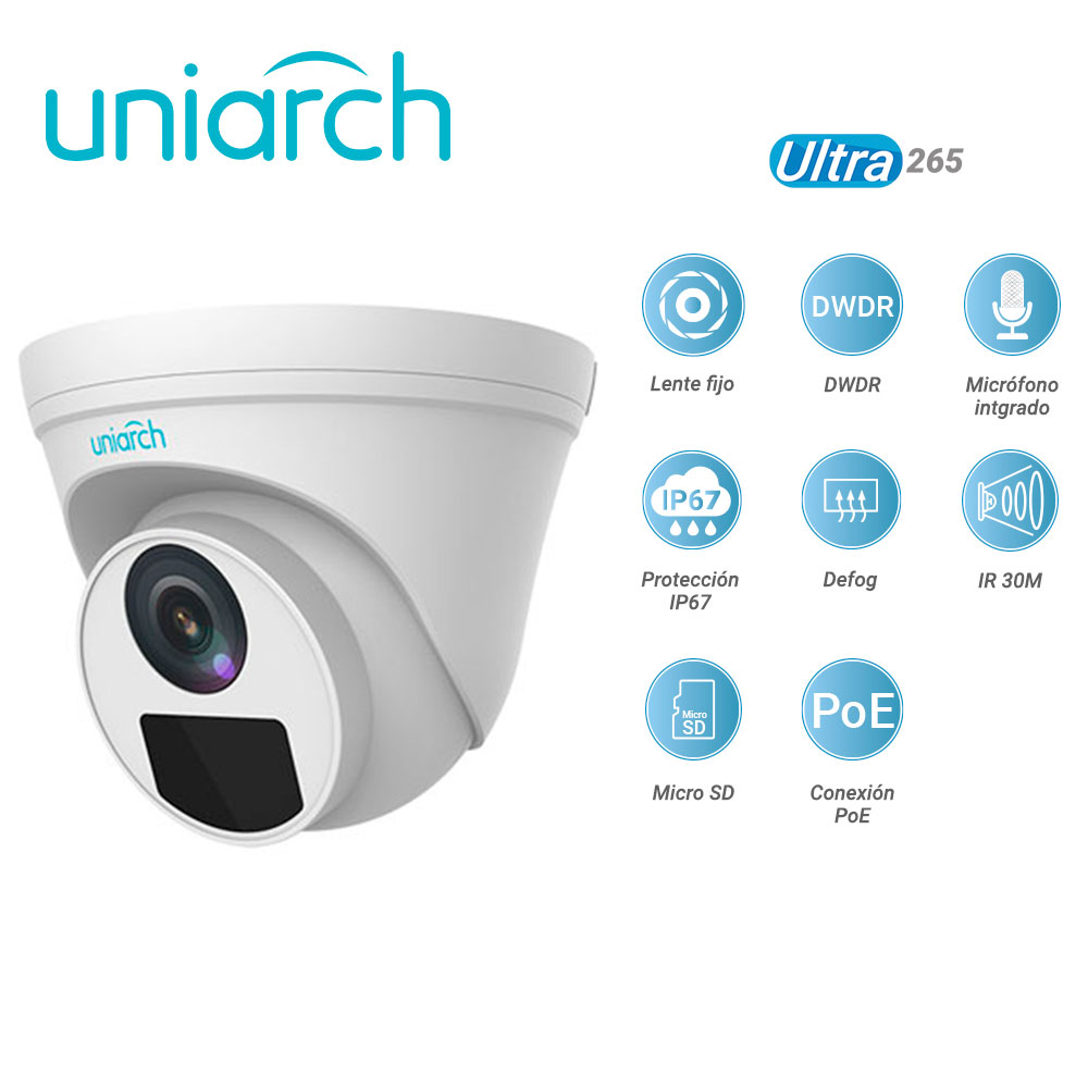 Camara IP Turret Uniarch Ipc-t122-apf28k / 2MP / Lente-2.8mm / Dwdr / Ir30m / Microsd128gb / Microfono-integrado / Digital-defog / Motion-detection / ONVIF / Ip67 / 3-AXIS / Ultra265 / Poe-af / 12 Vcd