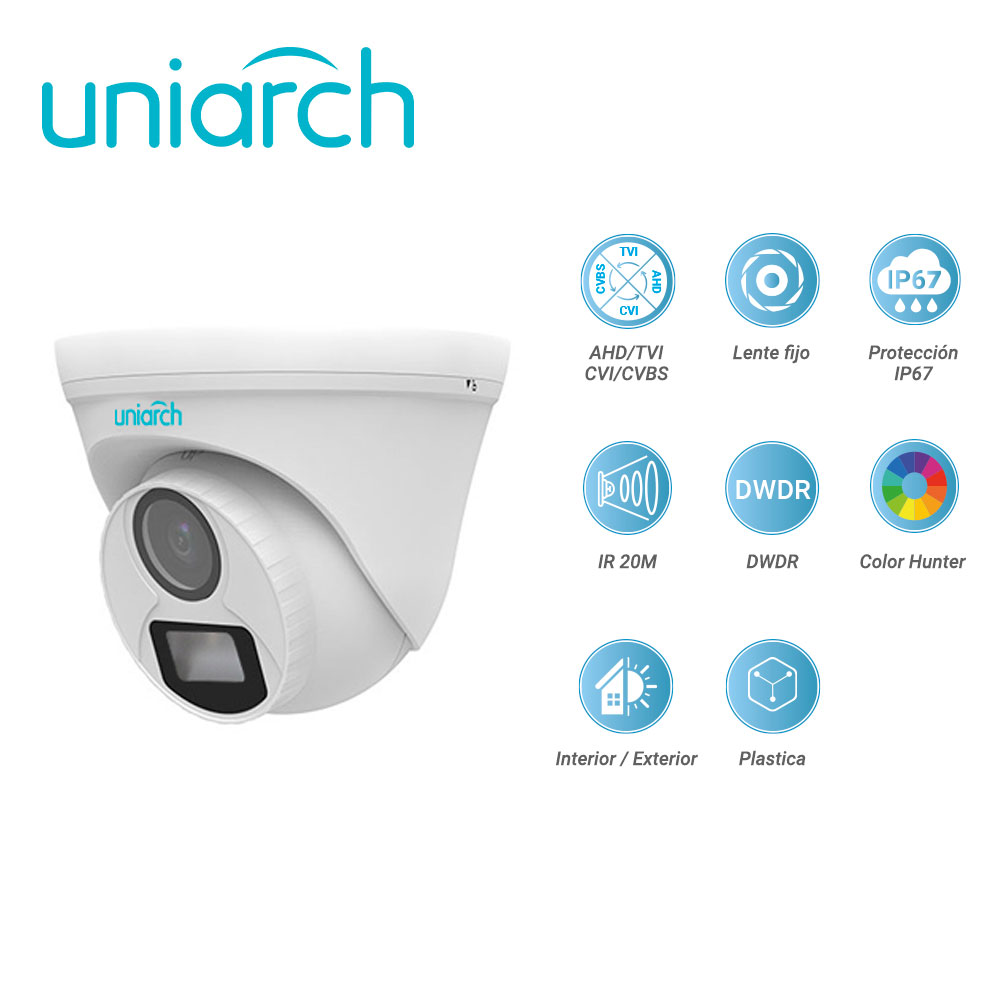 CAMARA ANALOGA TURRET COLORHUNTER UNIARCH UAC-T112-F28-W / 2MP / TVI/AHD/CVI: 1080P@30fps / LENTE-2.8MM / DWDR / LUZ-BLANCA20M / INTERIOR+EXTERIOR / ADMITE-GIRO180GRADOS(HORIZONTAL+VERTICAL) / PLASTICA / IP67 / 3-AXIS / 12 VCD