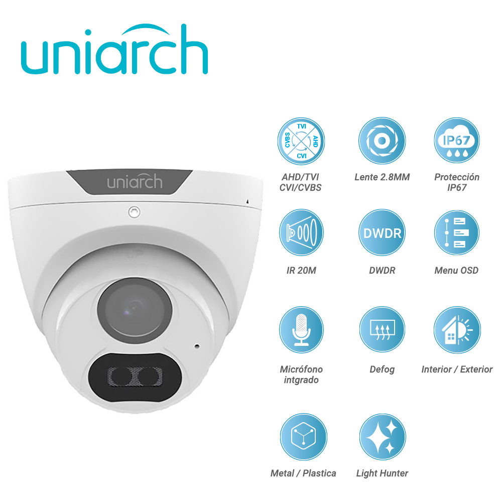 Camara Analogica Lighthunter Turret Uniarch Uac-t122-af28lm / Uac-t122-af28lm-h / 2MP / Ahd/tvi/cvi/cvbs / Lente Fijo 2.8 Mm / 12 Vcd / Ip67 / IR 20M / Dwdr / Menu Osd / Microfono Integrado / Defog / 3 Axis / Interior / Exterior / Metal Plastica
