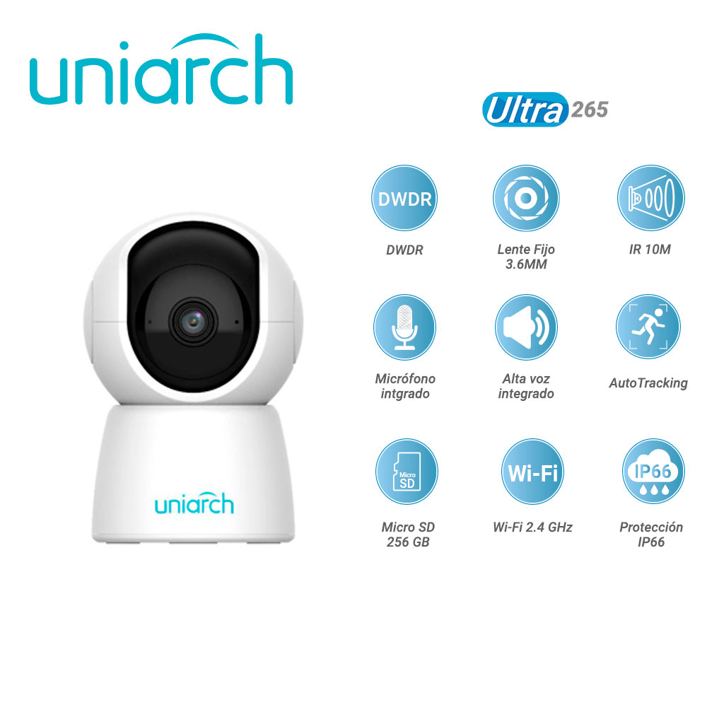 Camara IP Mini PT Uniarch Uho-s2e / 2MP / Ultra 265 / 5 Vcc / Dwdr / Lente Fijo De 3.6 Mm / IR Hasta 10 M / Microfono Y Altavoz Integrado / Human Body Detection / Autotracking / Ranura Para Micro Sd Hasta 256 GB / /wifi 2.4 Ghz