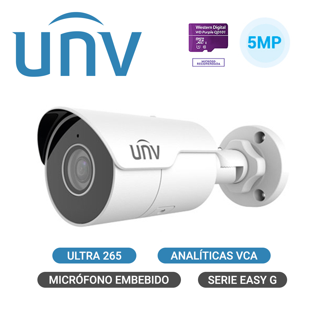 CAMARA IP MINI BULLET UNV IPC2125LE-ADF28KM-G / 5MP / LENTE-2.8MM / WDR120DB / IR50M / MICROSD256GB / MICROFONO-INTEGRADO / NDAA / ONVIF / IP67 / 3-AXIS / METALICA / SERIE EASYSTAR / ULTRA265 / POE-AF / 12VDC / MODOCORREDOR - Hikvision