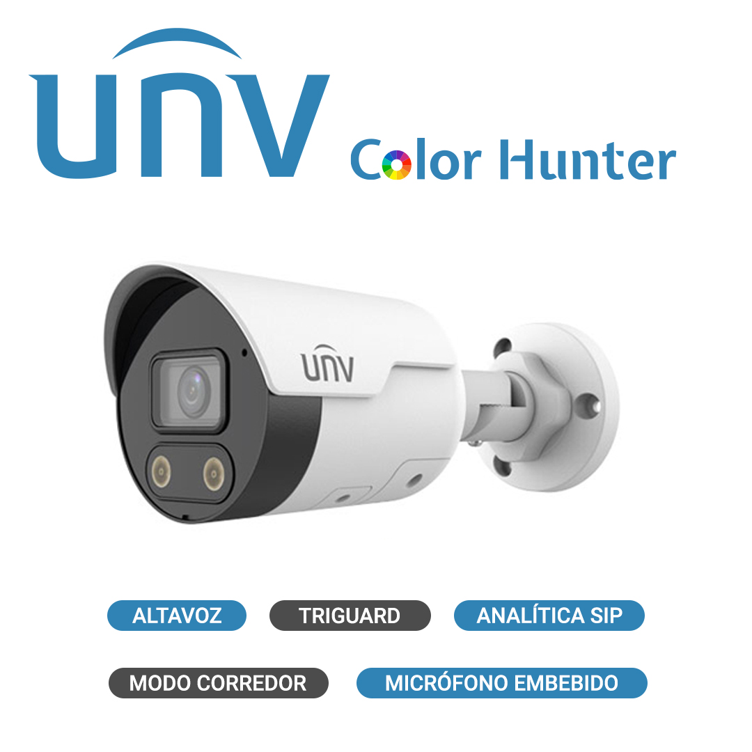 CÁMARA IP MINI BULLET ULTRA265 UNV IPC2128SB-ADF28KMC-I0 / 8MP / LENTE FIJO DE 2.8 MM / 12 VCD POE AF / RANURA PARA MICRO SD HASTA 256 GB / MICROFONO Y ALTAVOZ EMBEBIDOS / MODO CORREDOR / DISUASION ACTIVA CON LUZ BLANCA / WDR 120 DB / IR 30 M / METALICA / ANALITICAS SIP / TRIGUARD / COLORHUNTER / / IP67 SERIE PRIME I - Duosmart
