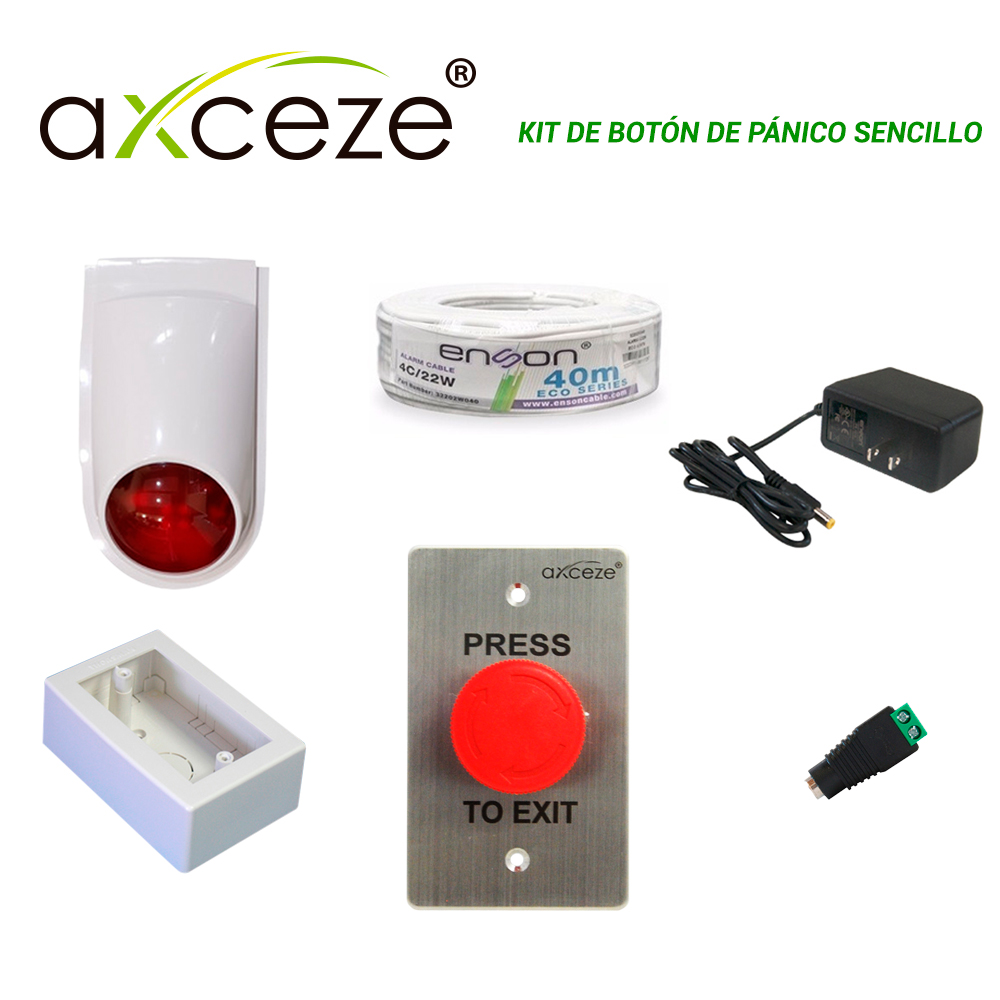 KIT DE BOTON DE PANICO SENCILLO CON 1x BOTON DE PARO O EMERGENCIA AX-L60 + 1x SIRENA-ESTROBO PAM-SL500 + 1x FUENTE DE PODER PS-1215 + 1x CABLE ALARMA ROLLO 32202W040 + 1x CONECTOR CORRIENTE ENS-FC01 + 1x TMK7902-02001 
