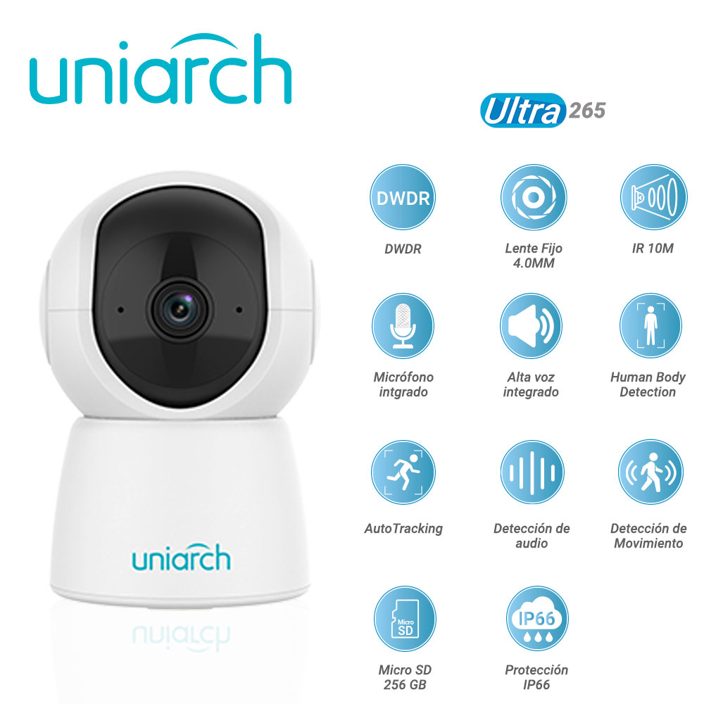 Camara IP Mini PT Wifi Uniarch Uho-s2e-m3 / 3MP / Ultra 265 / DC 5V/1A / Dwdr / Lente Fijo De 4.0 Mm / IR Hasta 10M / Microfono Y Altavoz Integrados / Human Body Detection / Autotracking / Deteccion De Audio / Deteccion De Movimiento / Ranura Para Micro Sd Hasta 256 GB / Ip66