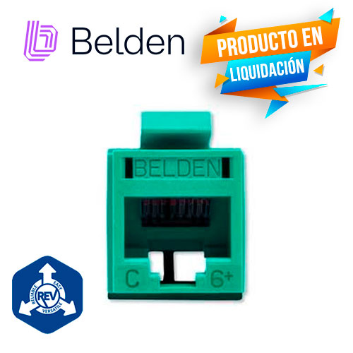 CONECTOR MODULAR JACK RJ45 CAT6 REVCONNECT BELDEN RV6MJKUGN-S1 ESTILO KEYCONNECT VERDE COMPATIBLE CON FACEPLATE AX102660,AX102655,AX102249 ESQUEMA DE CABLEADO T568A/B HERRAMIENTA COMPATIBLE RVUTT01 USO INTERIOR CALIBRE DEL CONDUCTOR 23-24 AWG