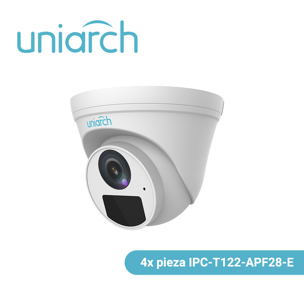 Kit Uniarch Turret 2MP / 4 Cámaras Tipo Turret Ipc-t122-apf28-e Con Lente Fijo 2.8 Mm / Ultra 265 / 3-AXIS / Dwdr / 2D/3D Dnr / Microfono Integrado/ IR 30 M / Ip67 / 1 Nvr-104e2-p4 Y 4 Cables Prearmados