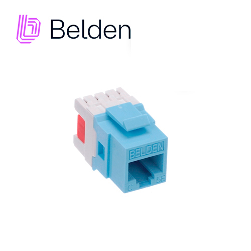 CONECTOR MODULAR JACK RJ45 CAT5E BELDEN AX101315 ESTILO KEYCONNECT AZUL CLARO COMPATIBLE CON FACEPLATE AX102660,AX102655,AX102249 PATCH PANEL MODULAR AX103114,AX103115,AX104599 ESQUEMA DE CABLEADO T568A/B HERRAMIENTA COMPATIBLE AX100749 USO INTERIOR CALIBRE DEL CONDUCTOR 22-24 AWG
