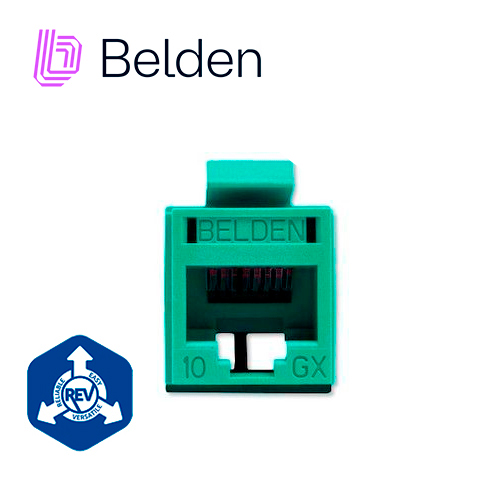 CONECTOR MODULAR JACK RJ45 CAT6A REVCONNECT BELDEN RVAMJKUGN-S1 ESTILO KEYCONNECT VERDE COMPATIBLE CON FACEPLATE AX102660,AX102655,AX102249 ESQUEMA DE CABLEADO T568A/B HERRAMIENTA COMPATIBLE RVUTT01 USO INTERIOR CALIBRE DEL CONDUCTOR 23-24 AWG