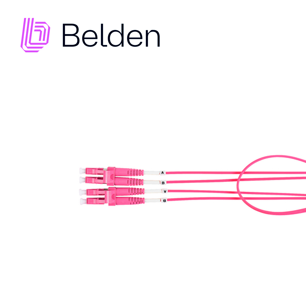 JUMPER DE FIBRA OPTICA BELDEN FP4LDLD006M FORRO PVC COLOR VIOLETA FLAMABILIDAD OFNR RISER TIPO DE FIBRA MULTIMODO OM4 50/125 MICRAS CONECTORES LC DUPLEX - LC DUPLEX LONGITUD 6 METROS APLICACIONES ADECUADAS CENTROS DE DATOS SALAS DE EQUIPOS PRINCIPALES SALAS DE TELECOMUNICACIONES Y AREAS DE TRABAJO U