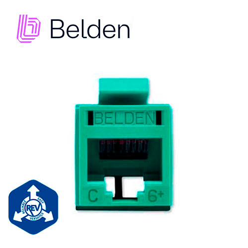 CONECTOR MODULAR JACK RJ45 CAT6 REVCONNECT BELDEN RV6MJKUGN-S1 ESTILO KEYCONNECT VERDE COMPATIBLE CON FACEPLATE AX102660,AX102655,AX102249 ESQUEMA DE CABLEADO T568A/B HERRAMIENTA COMPATIBLE RVUTT01 USO INTERIOR CALIBRE DEL CONDUCTOR 23-24 AWG