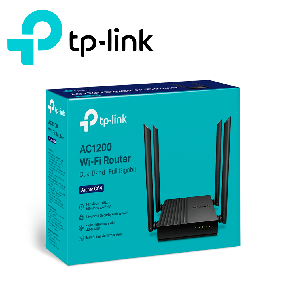 Router Inalambrico Tp-link Archer C64 Ac1200 Dual Band/400mbps 2.4GHZ / 867 Mbps 5 Ghz/ 1 Puerto Wan 10/100/1000MBPS / 4 Puertos Lan 10/100/1000MBPS / Tecnologia Mu-mimo /administracion Via App Tether 