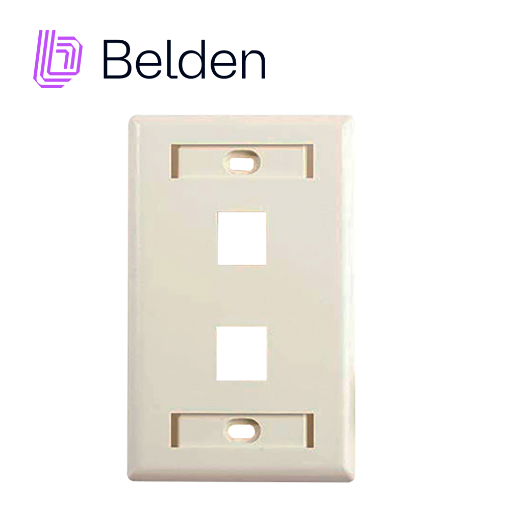 PLACA DE PARED (FACEPLATE) BELDEN AX103923 2 PUERTO COMPATIBLE CON JACKS ESTILO KEYCONNECT UNIVERSAL CAT6A CAT6 CAT5E CONECTORES DE FIBRA OPTICA Y COAXIALES COLOR ALMENDRA USO INTERIOR MATERIAL PLASTICO UL94V INCLUYE TORNILLO 6-32 ETIQUETA DE CARTON VENTANA TRANSPARENTE
