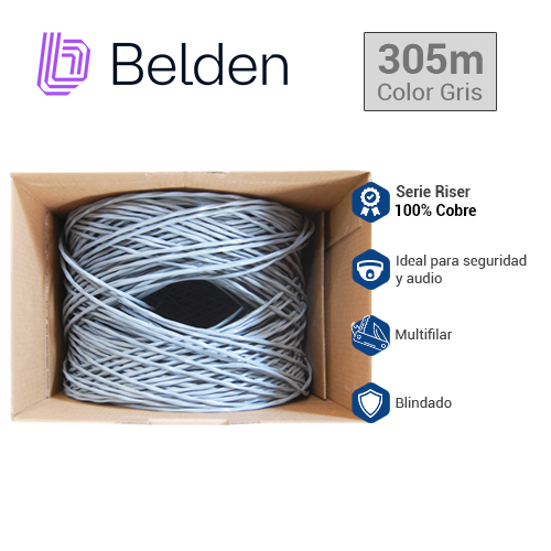 Cable De Audio Comercial Y Seguridad Belden 5100FE 008U1000 / Interior / Gris / 2 Conductores / Multifilar / 14 Awg / Forro Pvc / Cmr - Cl3r - Fplr / Blindado / En Caja / 1,000 Pies 305 Metros