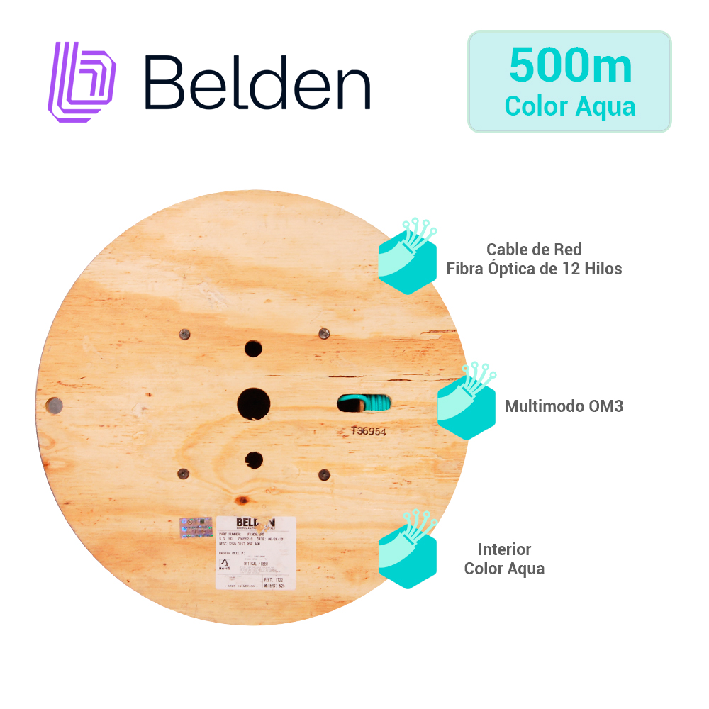 Fibra Optica Interior Multimodo Belden Fi3d012r9 12HILOS Om3 1640FT 500 Mts Color Aqua En Carrete - Disponible En Carrete De 1640FT Y Mayores