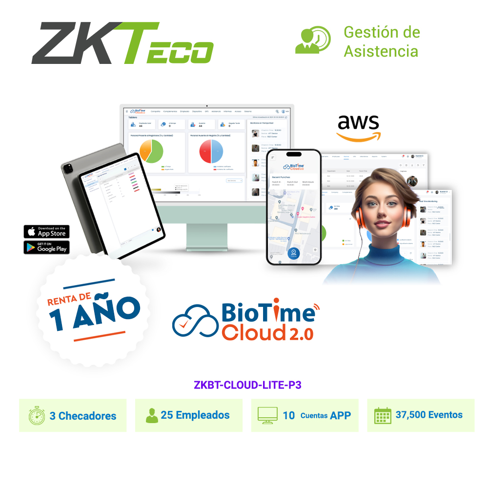 Licencia De Asistencia En La Nube Zkteco Biotime Cloud Lite Capacidad 3 Checadores, 25 Empleados, 10 App, 37,500 Eventos / Renta De 1 Año