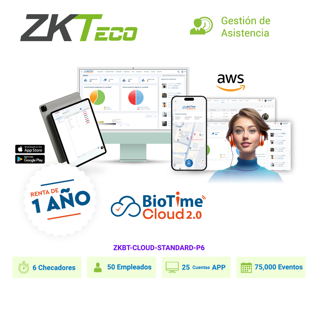 Licencia De Asistencia En La Nube Zkteco Biotime Cloud Standard Capacidad De 6 Checadores, 50 Empleados, 25 App, 75,000 Eventos / Renta De 1 Año