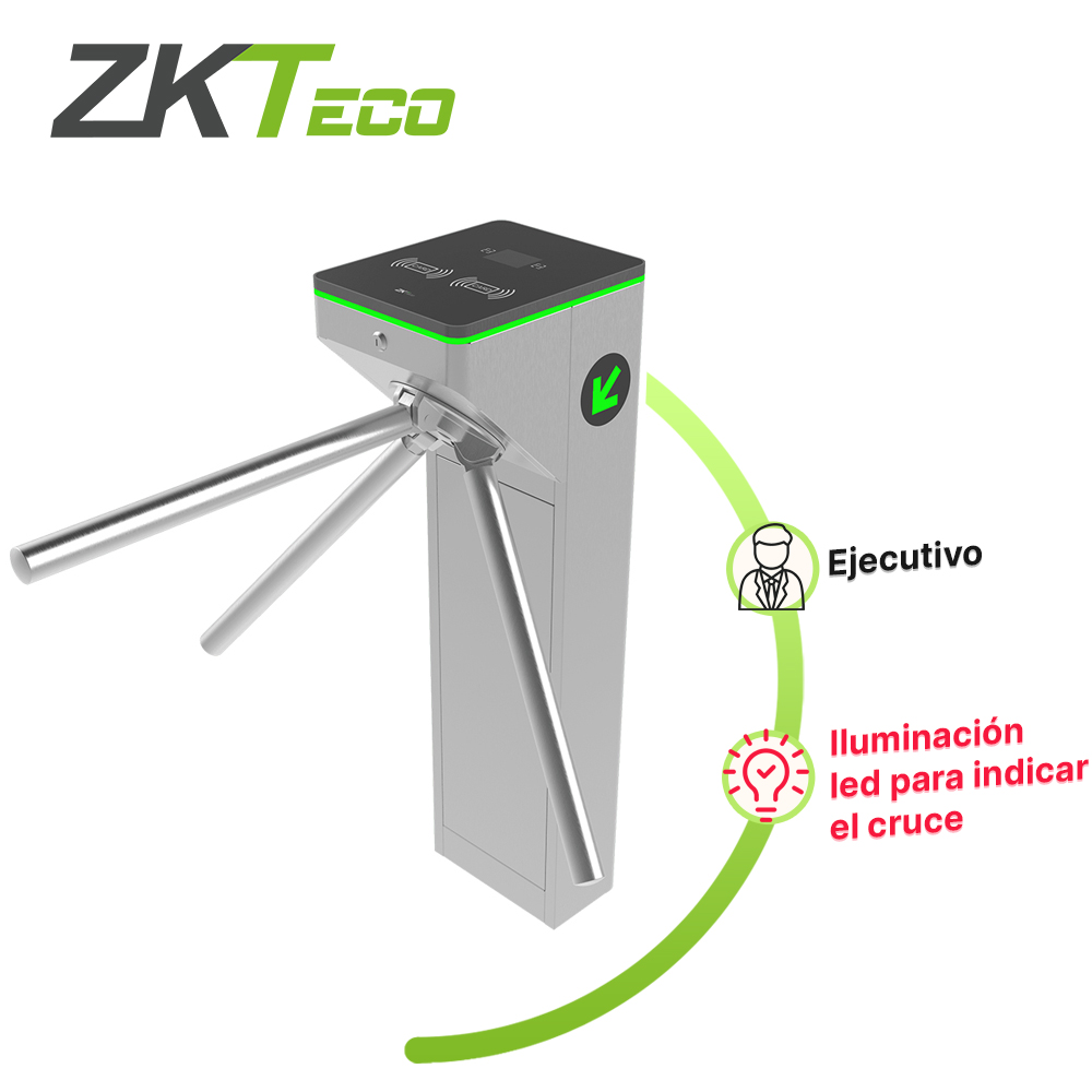 TORNIQUETE TRIPODE COMPACTO FABRICADO EN ACERO CON DISEÑO EJECUTIVO MTS1000 ZKTECO SU CUBIERTA ACRILICA PERMITE INSTALAR LECTORAS DE TARJETAS PASO BIDIRECCIONAL CUENTA CON PICTOGRAMAS LED A LOS COSTADOS QUE INDICAN EL SENTIDO DEL CRUCE SISTEMA DE CAIDA DE BRAZO EN CASO DE FALLA ELECTRICA PERMI
