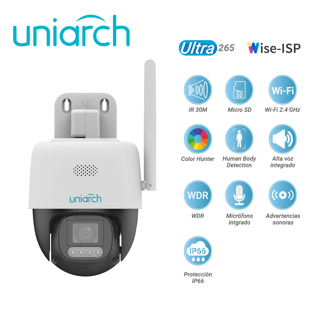 CAMARA IP PT WI-FI COLORHUNTER WISE-ISP UNIARCH UHO-P3C-M5F4 / 5MP / LENTE-4MM / DWDR / LUZ-CALIDA30M / MICROSD512GB / MICROFONO+ALTAVOZ-INTEGRADO / ADVERTENCIAS-SONORAS+LUMINOSAS /HUMAN-BODY-DETECTION / WI-FI2.4 / IP66 / ULTRA 265 / 12 VCD