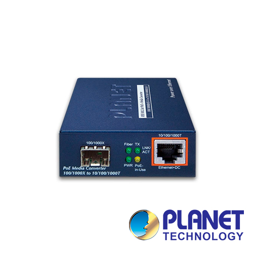 Convertidor De Medios De Fibra Optica A UTP POE Af/at Planet Gtp-805a / 1 Puerto De Fibra Optica SFP 100/1,000MBPS + 1 Puerto Rj-45 10/100/1,000MBPS Con Alimentacion POE Af/at/ Uso Interior