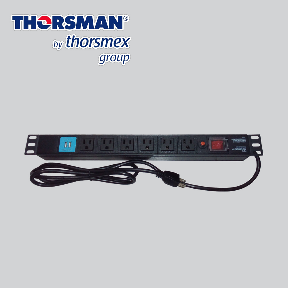 Barra Pdu 6 Contactos Mas Dos USB Thorsman The0040091001001 P-rack 19” Horizontal, Color Negro, Boton De Encendido Con Sistema De Seguridad, Carcasa De Aleacion De Aluminio, Uso Interior, Caja Con Una Pieza, Cuenta Con Certificados Nom - 003 - Scfi – 2014