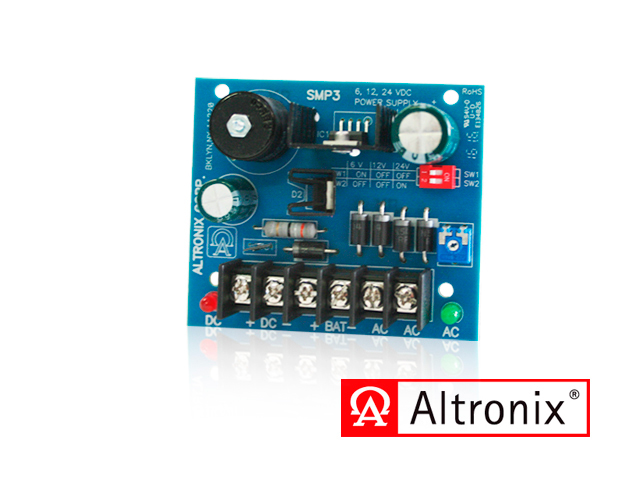 FUENTE DE ALIMENTACIÓN/CARGADOR ALTRONIX SMP3 CONVIERTE LA ENTRADA DE AC DE BAJO VOLTAJE EN 6VCD, 12VCC O 24VCC A 2.5A DE CORRIENTE DE SUMINISTRO CONTINUO. ESTA FUENTE DE USO GENERAL TIENE UNA AMPLIA GAMA DE APLICACIONES PARA CONTROL DE ACCESO, SEGURIDAD Y ACCESORIOS DE SISTEMA DE CCTV QUE REQUIE