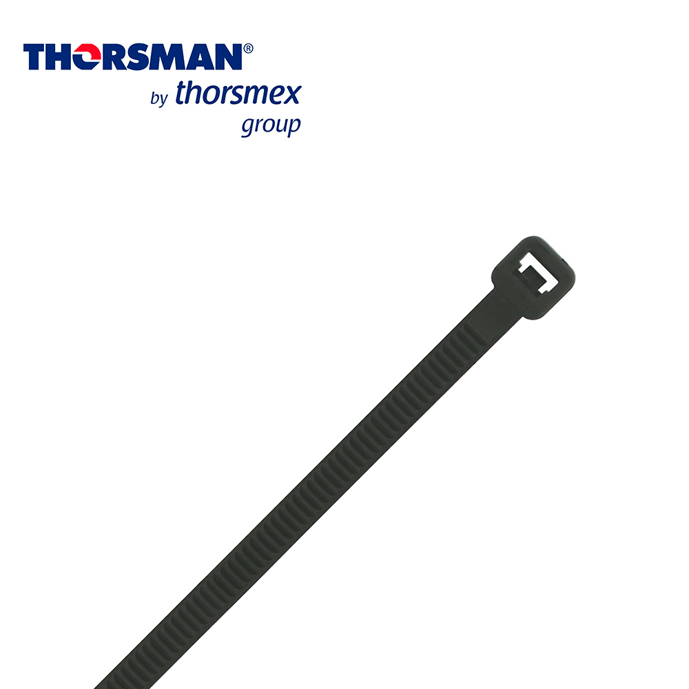 CINCHO NYLON THORSMAN TH 300-4.8-86 NEGRO C/100 4.8MM - 86MM DIAMETRO MAXIMO BOLSA/100PZS CAPACIDAD DE ATADO 86MM, FABRICADO EN POLIAMIDA (NYLON 66), GRADO DE FLAMABILIDAD UL 94 V-2, RESISTENTE A LA CORROSION, HUMEDAD Y CLIMAS EXTREMOS, TENSION 22 (KG) IDEAL PARA DUCTOS Y CABLES