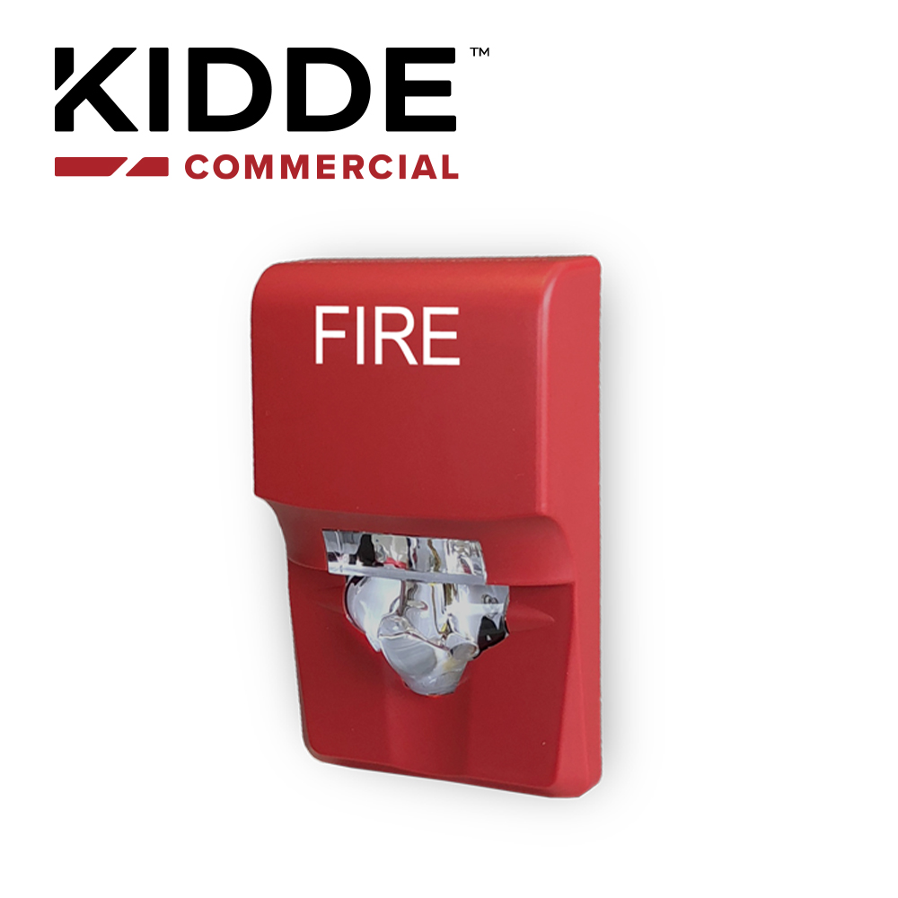 ESTROBO DE PARED COMPACTA, MARCA KIDDE, MODELO EG1VRF, 15-75 CD, ROJA CON LA PALABRA FIRE