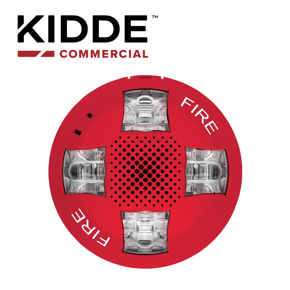 ALTAVOZ DE TECHO CON LUZ ESTROBOSCOPICA / 15-115 CD / KIDDE / GCSVRF / ROJA, CON LA PALABRA FIRE. PLACA DE CABLEADO LATERAL DE LA HABITACION INCLUIDA