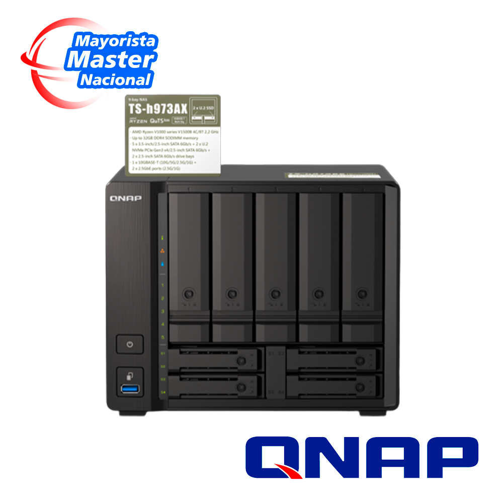 Nas Qts Hero Qnap Ts-h973ax-32g-us / Procesador Amd Ryzen / Memoria Ram 8GB / 5 Bahias Frontales Sata 3.5 Pulgadas Mas 4 Bahias Frontales Sata 2.5 Pulgadas / 2 Puertos RJ45 2.5GBE Mas 1 Puerto 10GIGA Base-t