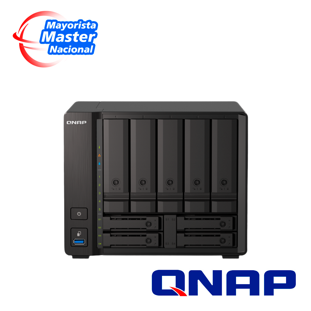 Nas Qts Hero Qnap Ts-h973ax-32g-us / Procesador Amd Ryzen / Memoria Ram 8GB / 5 Bahias Frontales Sata 3.5 Pulgadas Mas 4 Bahias Frontales Sata 2.5 Pulgadas / 2 Puertos RJ45 2.5GBE Mas 1 Puerto 10GIGA Base-t