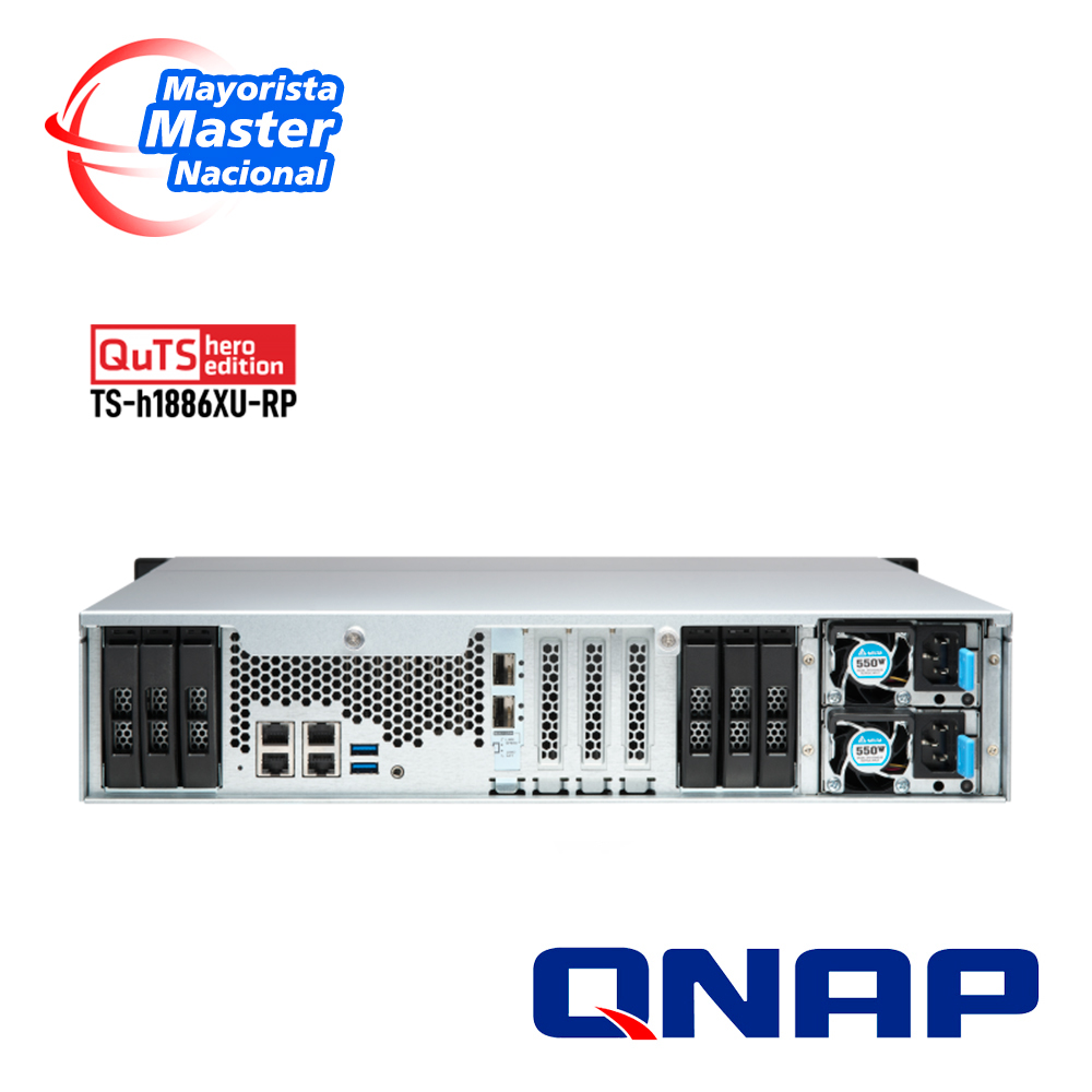 Servidor Nas Qts Hero Qnap Ts-h1886xu-rp-r2-d1622-32g-us / Procesador Intel Xeon D-1622 / Memoria Ram 32GB / 12 Bahias Frontales Sata 3.5 Pulgadas Mas 6 Bahias Posteriores Sata 2.5 Pulgadas / 4 Puertos RJ45 1GBE Mas 2 Puertos Fibra Optica SFP 10GB